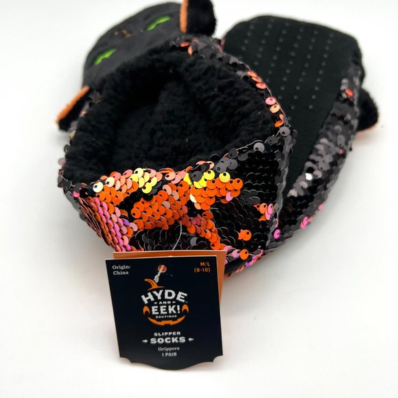 HYDE and EEK BOUTIQUE Cute Sequin Cat Slippers Sz M/L 8-10 Black Orange Grippers - Picture 5 of 5